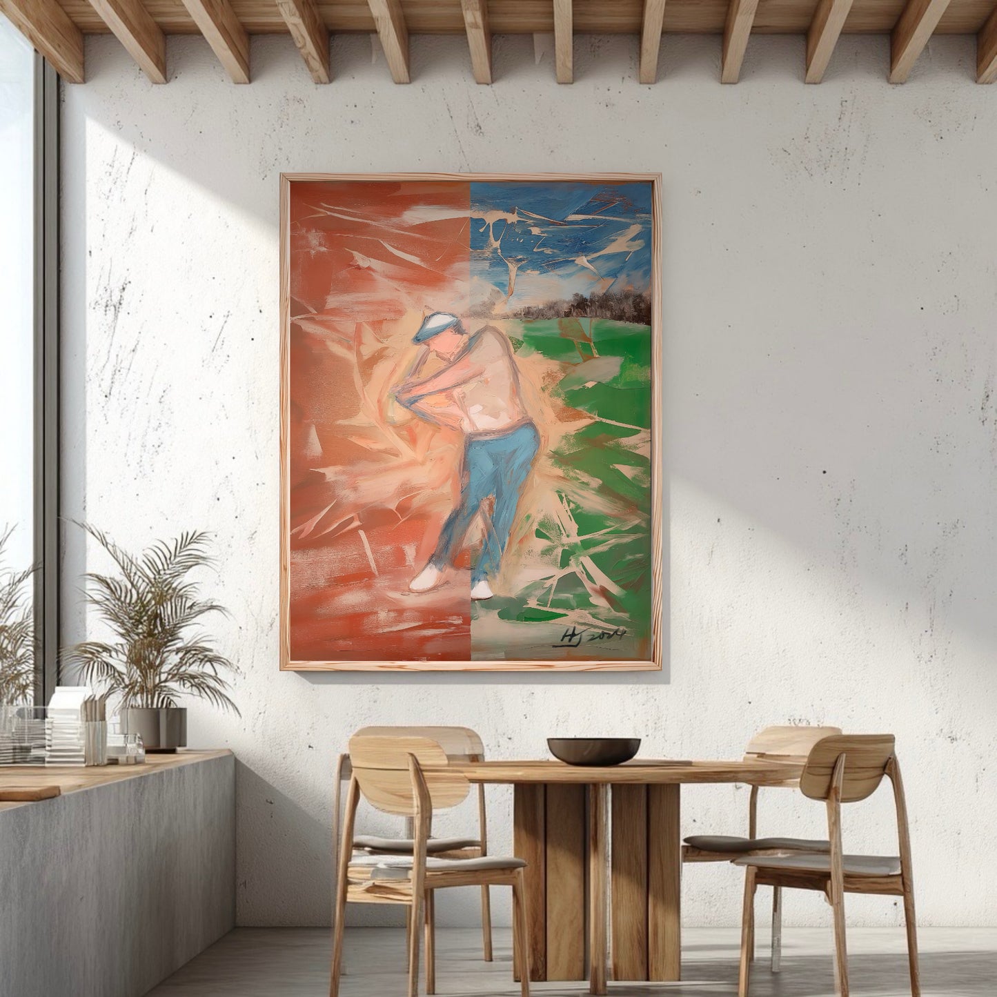 Hand-painted golf artwork in an industrial dining space. Cool green tones balance the raw concrete wall and warm wood beams.