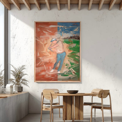 Hand-painted golf artwork in an industrial dining space. Cool green tones balance the raw concrete wall and warm wood beams.