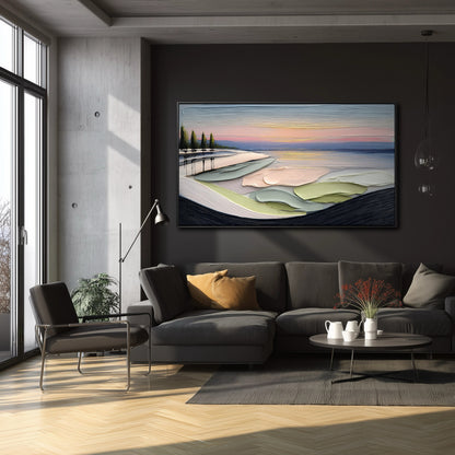 Colorful impasto art contrasting a dark gray, industrial-style living room with a sectional sofa and large window light.