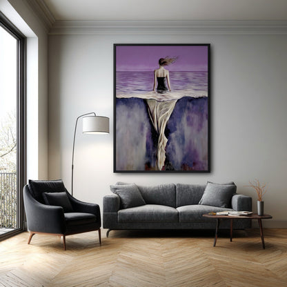 The surreal figurative painting adds a sophisticated, mysterious element to a modern living room with a grey sofa and black armchair.