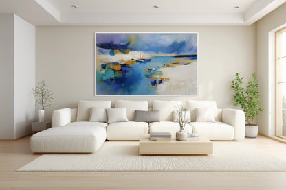 Abstract coastal art adding color depth to the airy, minimalist living room, balanced perfectly by the neutral sectional and light wood tones.