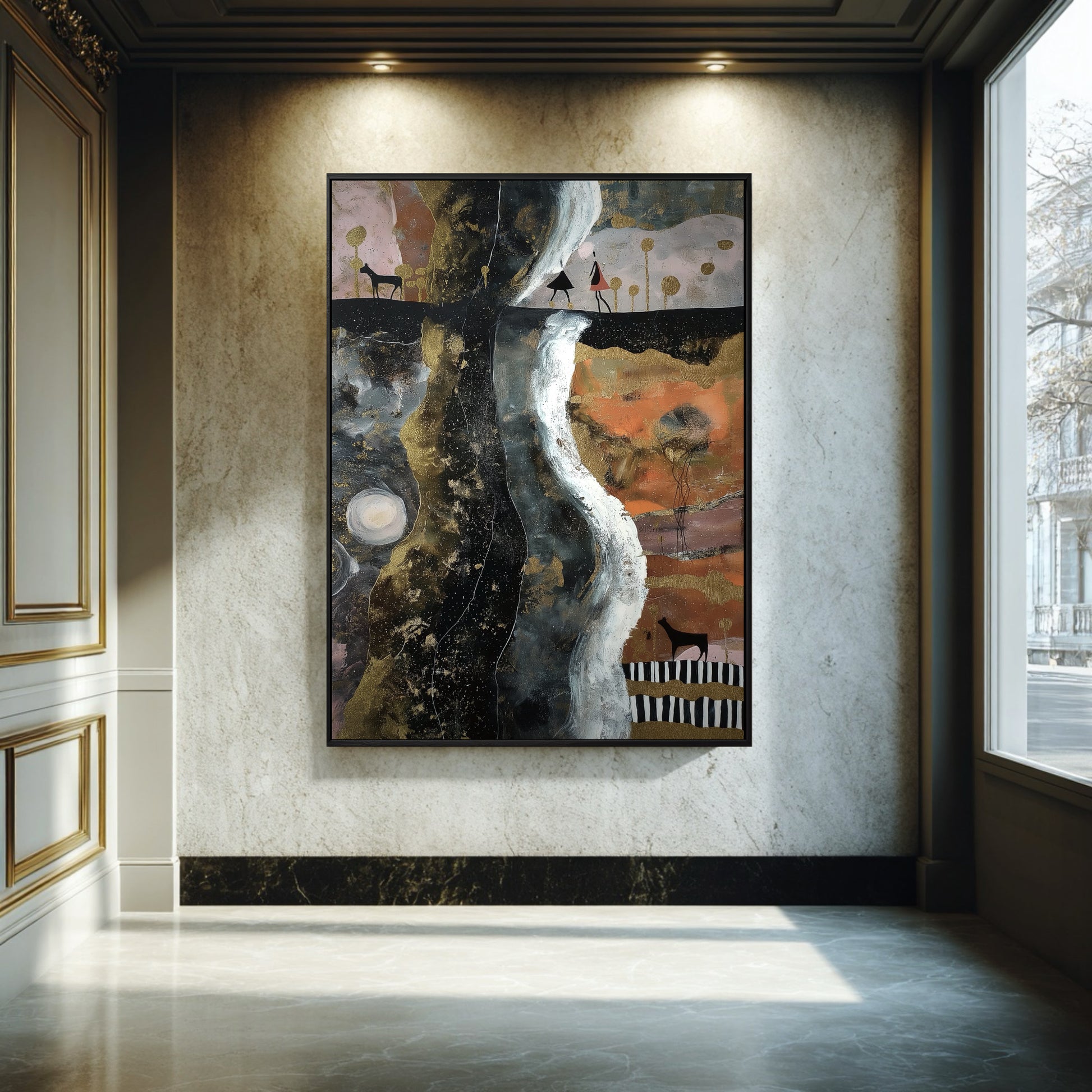 Original gold-accented artwork provides a rich, warm focal point against the classic marble wainscoting and natural light.