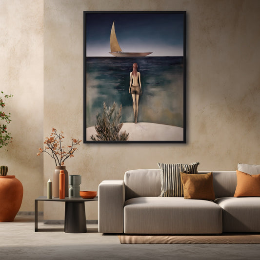 The artwork's golden sail and warm skin tones perfectly complement the earthy, terracotta accents of this modern, cozy living room.