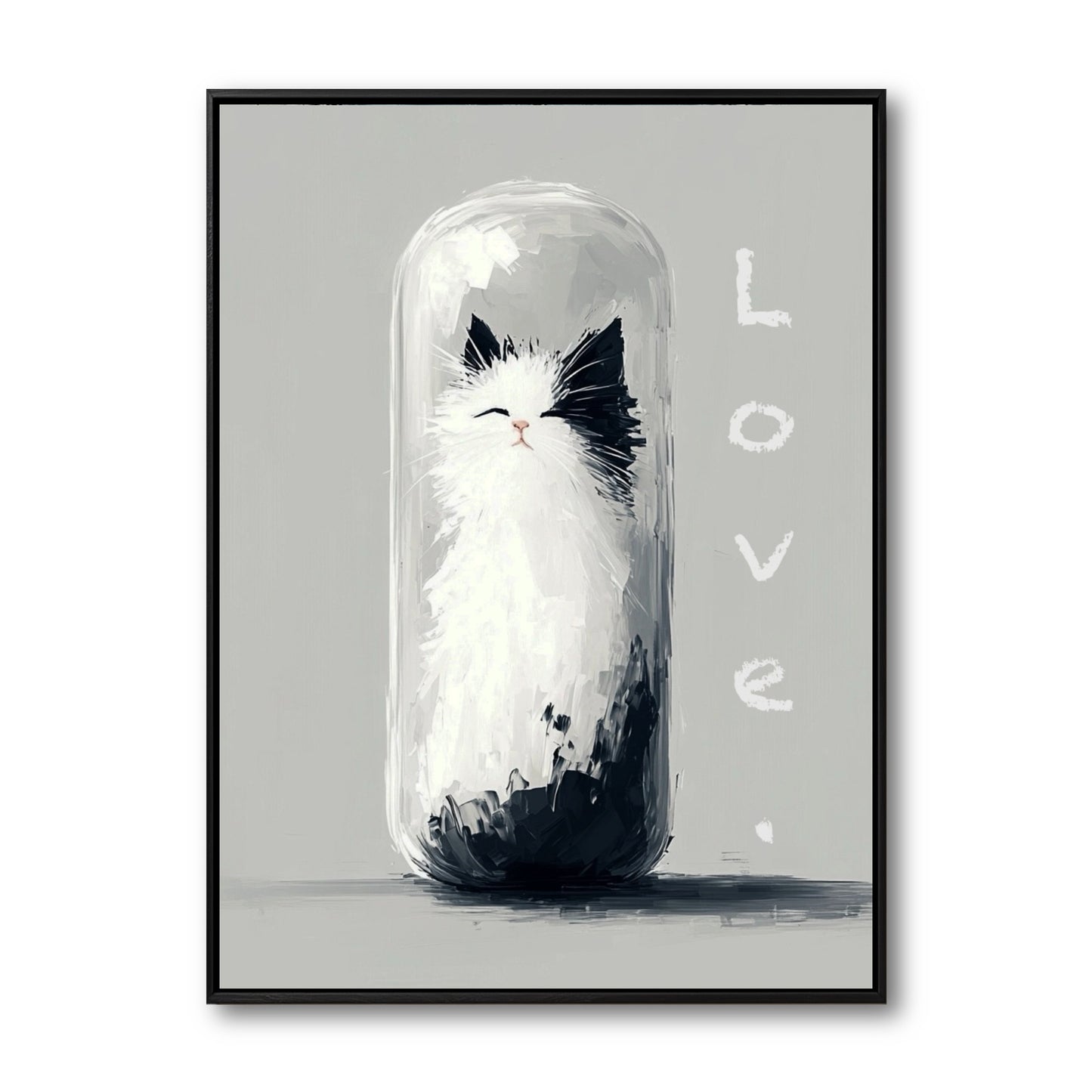 Original painting of a fluffy black and white cat in a glass capsule. Minimalist and whimsical with "Love" text. Neutral grey tones.