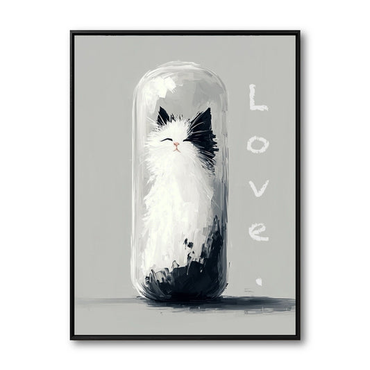 Original painting of a fluffy black and white cat in a glass capsule. Minimalist and whimsical with "Love" text. Neutral grey tones.