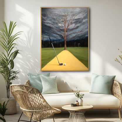Original surreal golf art in a bright boho living room. The warm yellow path connects with the wicker chairs and natural light.