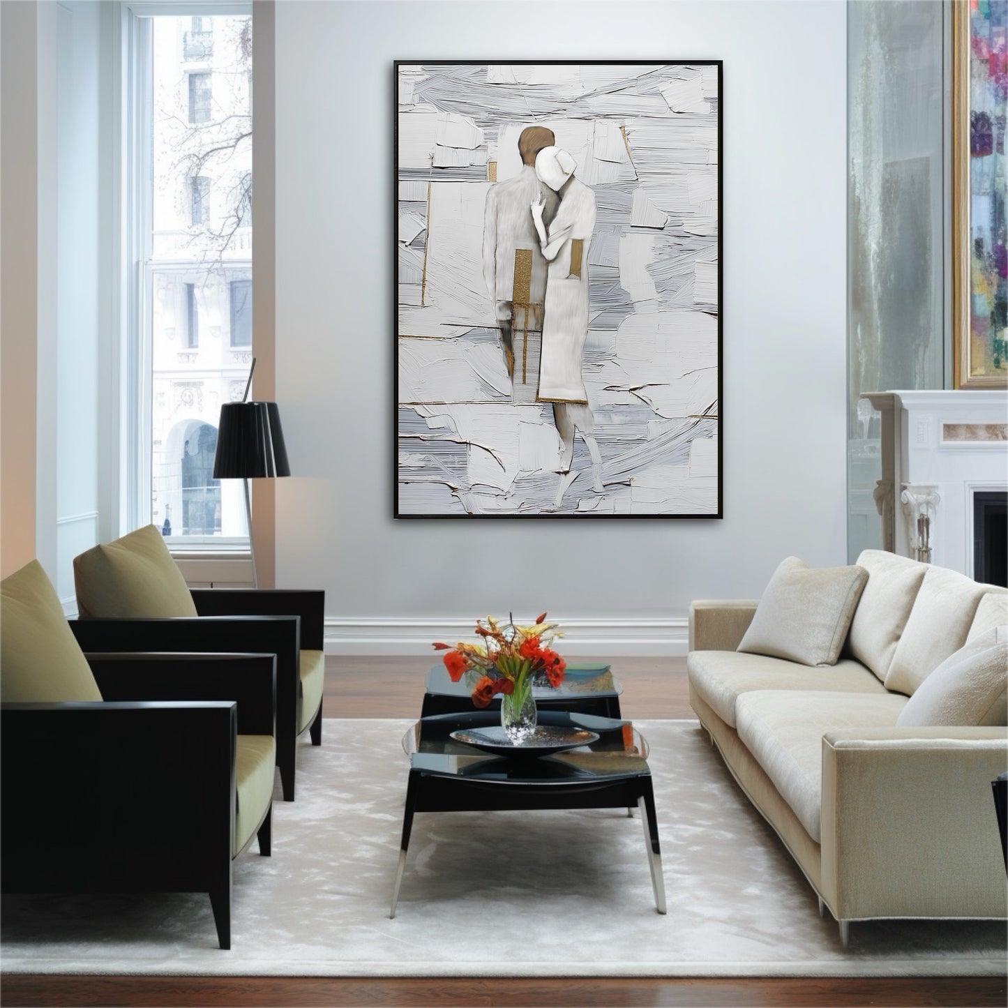 Minimalist abstract painting of a couple embracing. Textured art for a modern living room or bedroom. Creates a serene focal point.