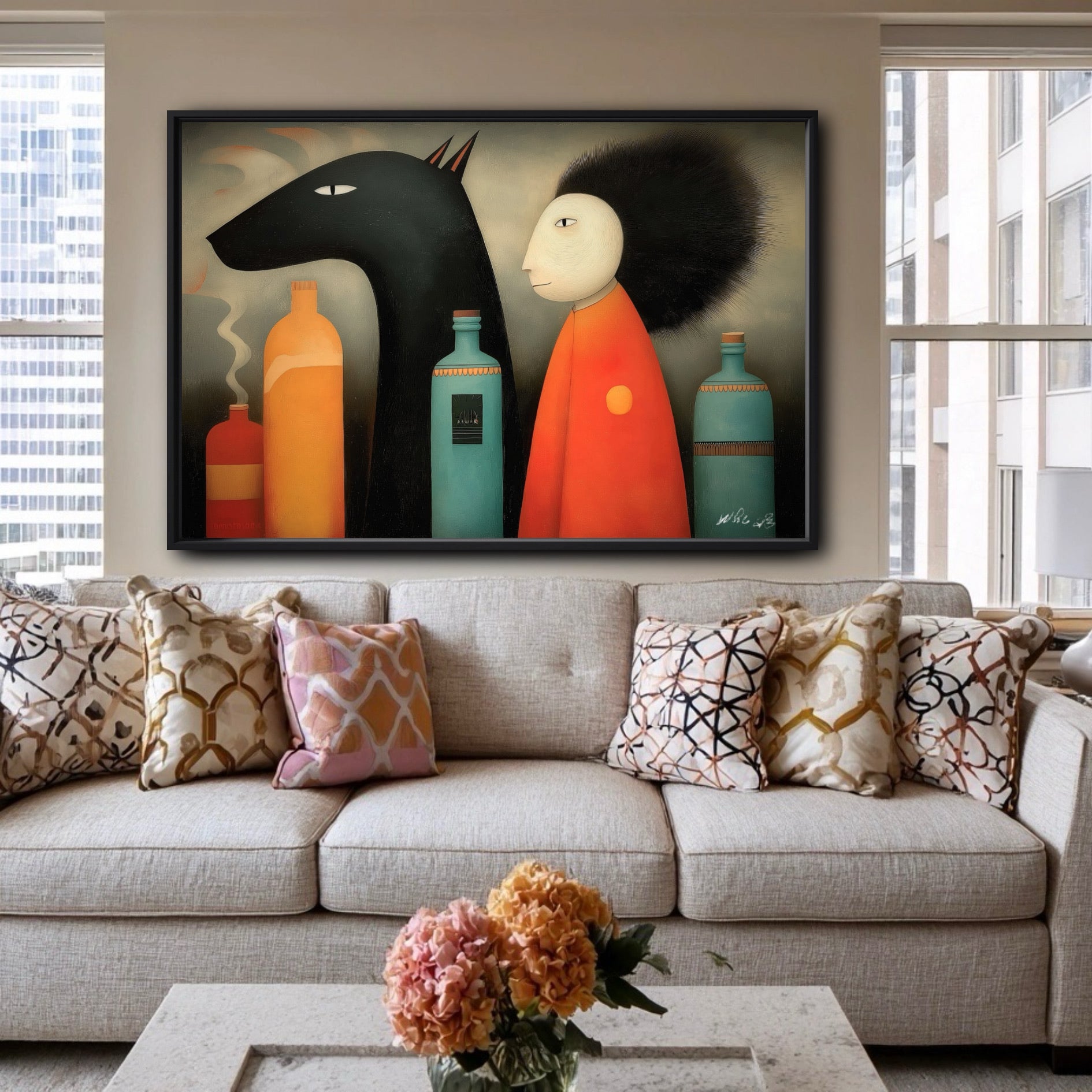 A bold, whimsical statement piece provides a creative contrast to the sleek, high-rise city views from the living room.