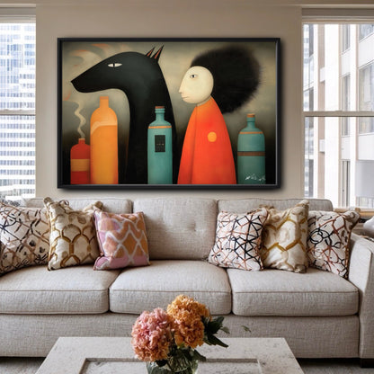 A bold, whimsical statement piece provides a creative contrast to the sleek, high-rise city views from the living room.