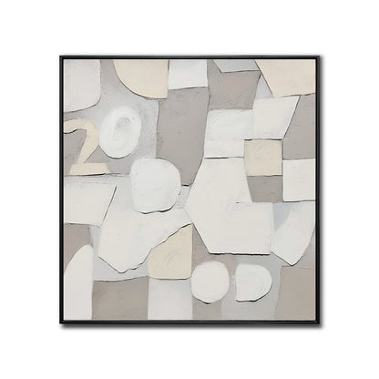 A cozy abstract hand-drawn oil painting: geometrics in detailed strokes, warm, and beige tones.