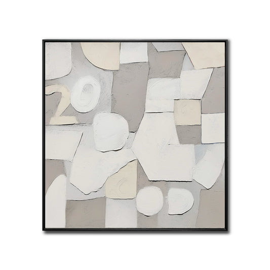 A cozy abstract hand-drawn oil painting: geometrics in detailed strokes, warm, and beige tones.