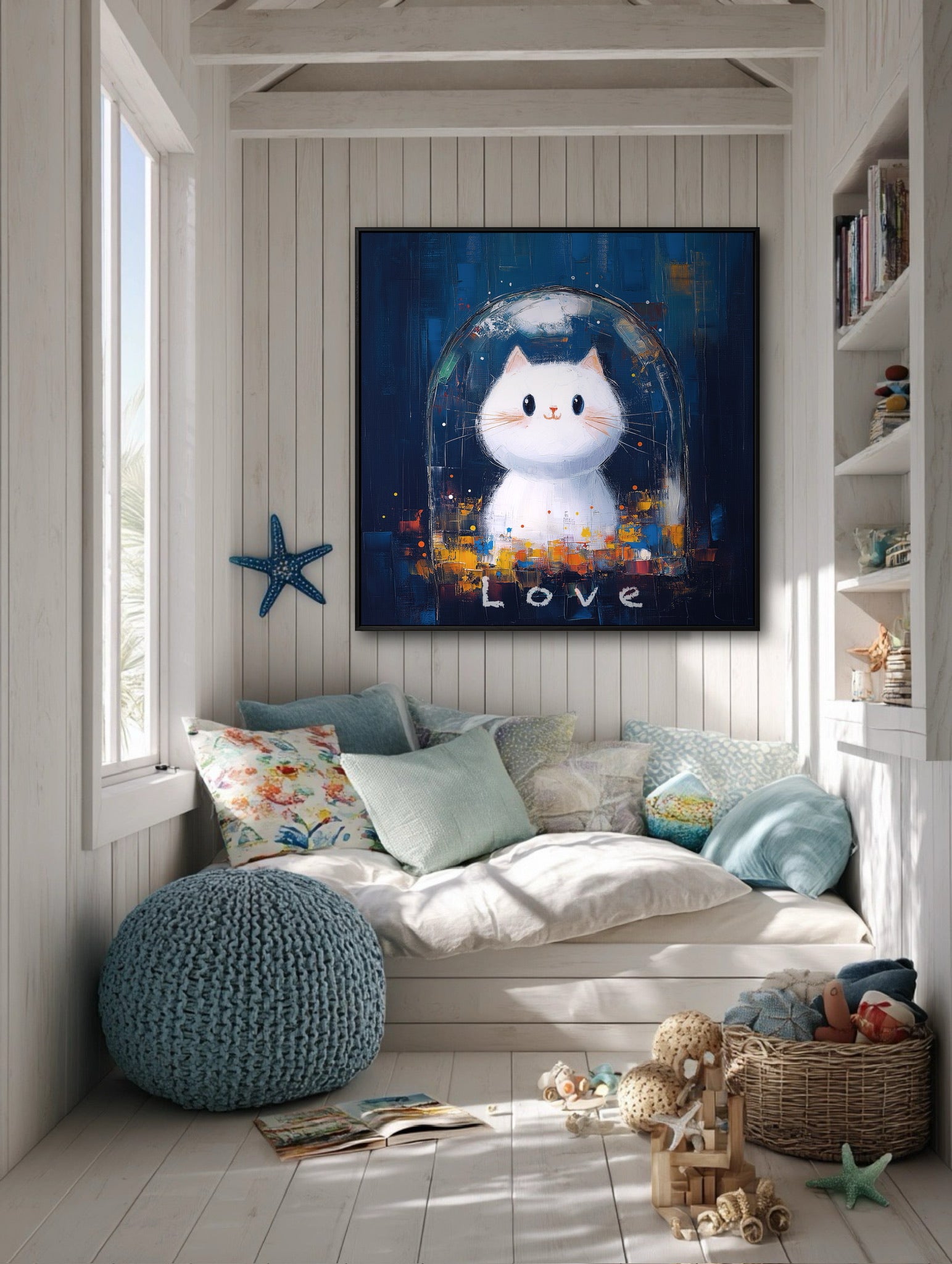 A whimsical blue cat painting completes a cozy, coastal-themed reading nook, matching the shiplap walls and blue decorative pillows.