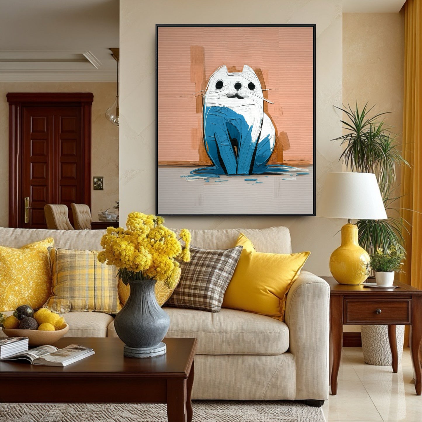 Large abstract cat art creates a focal point in a warm, traditional living room with a cream sofa and yellow accent pillows.