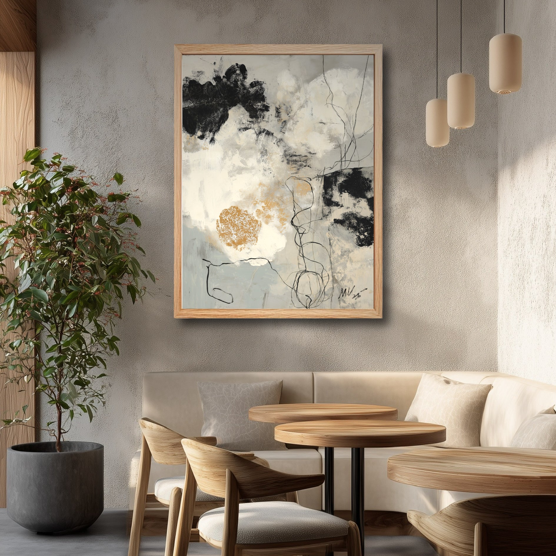 Modern abstract art on a concrete wall enhances the minimalist, Wabi-Sabi aesthetic of a cafe with natural wood tables and seating.