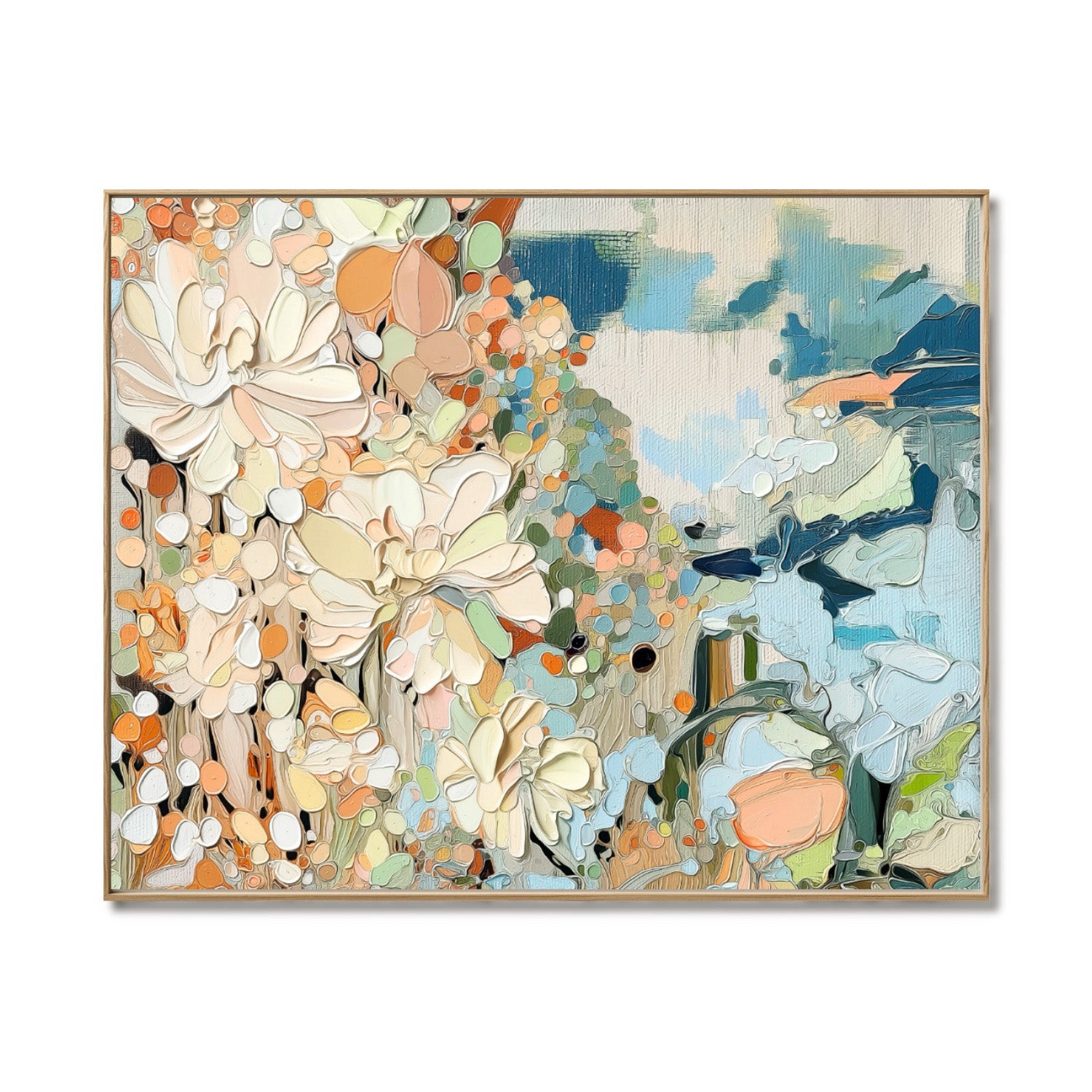 Original hand-painted abstract floral art with high texture, featuring vibrant cream, peach, and cool blue tones in a modern style.