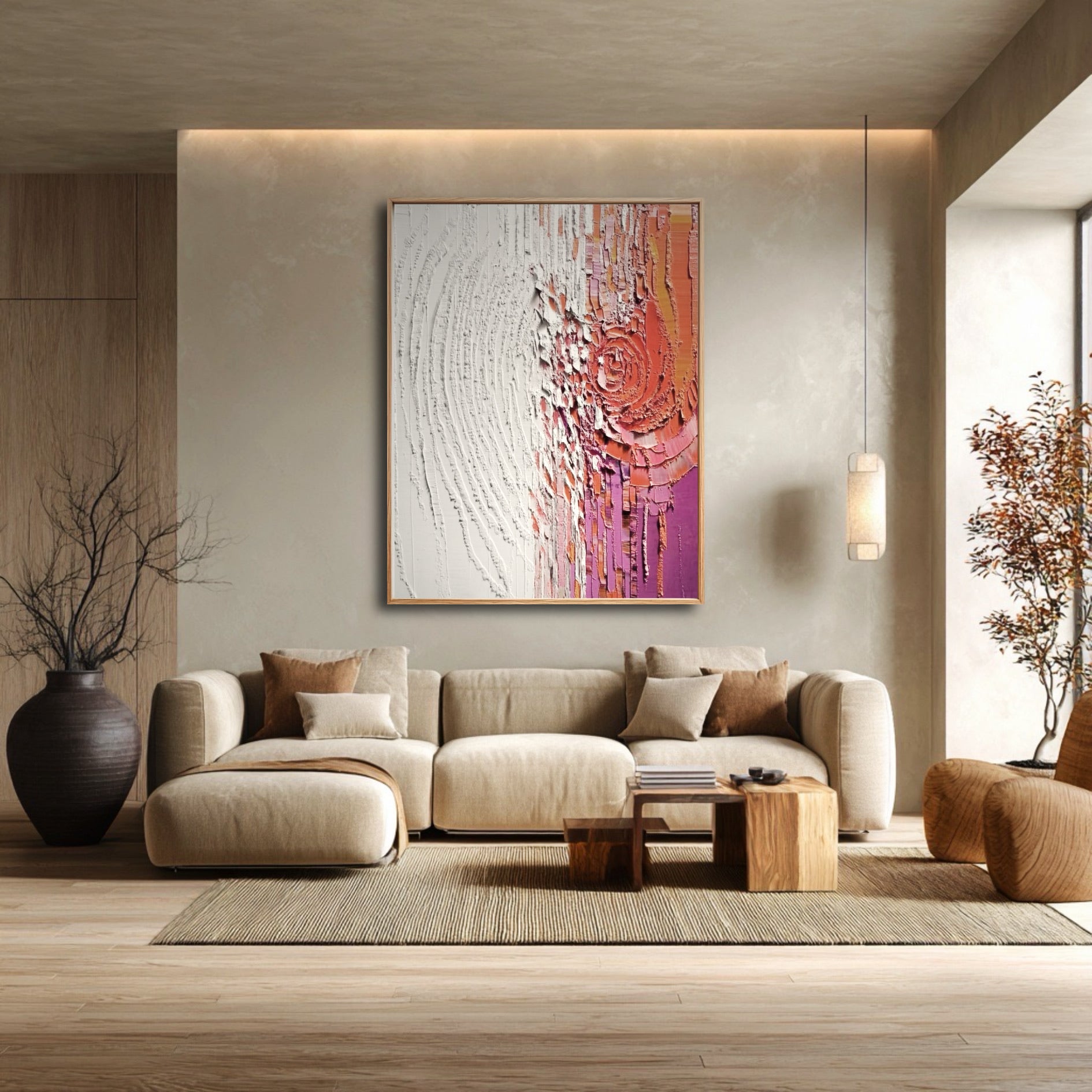 Large original textured painting in a modern wabi-sabi living room with a neutral beige sofa and wood accents.