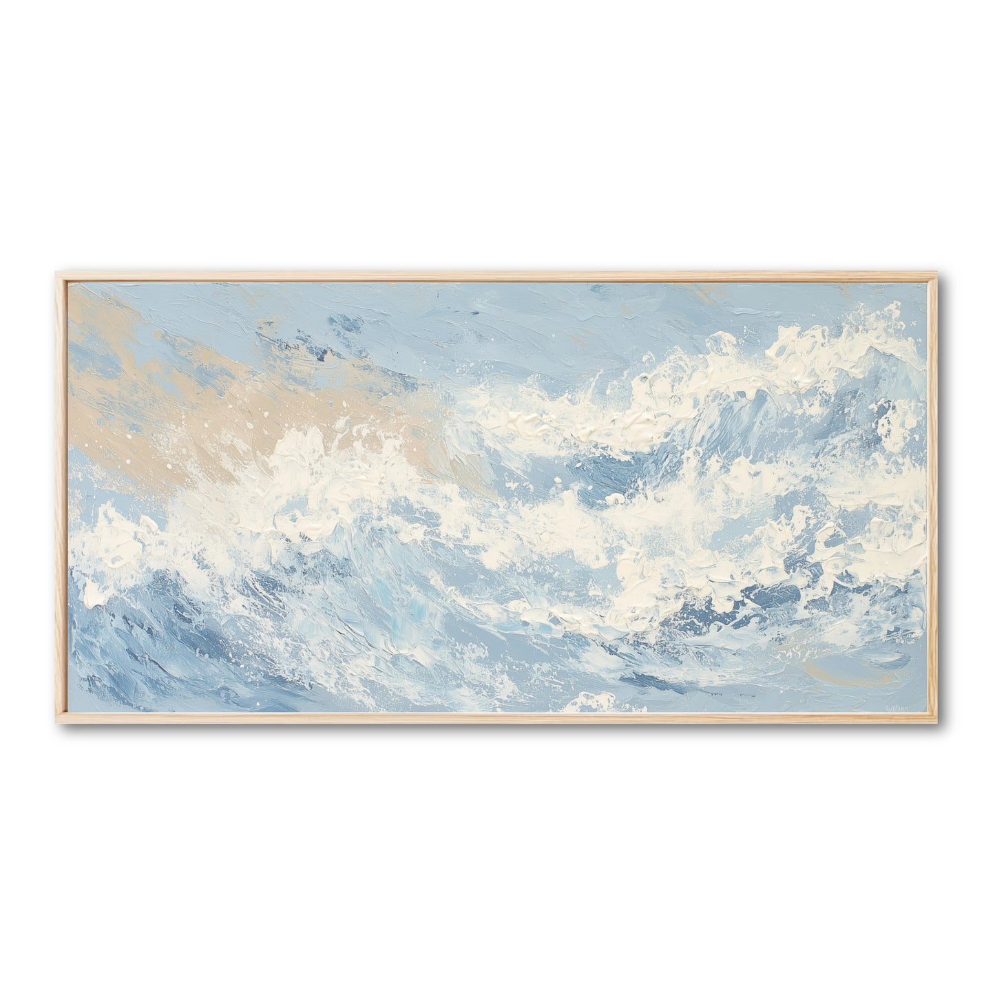 Original abstract ocean painting. Textured impasto in light blue, white, and beige. Modern, cool-tone coastal art with a natural vibe.