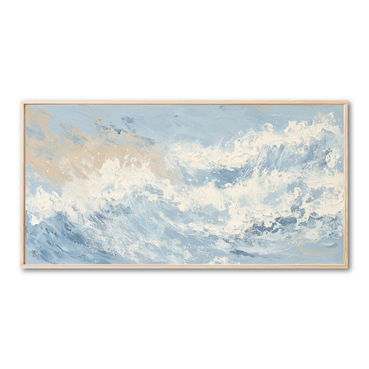Original abstract ocean painting. Textured impasto in light blue, white, and beige. Modern, cool-tone coastal art with a natural vibe.