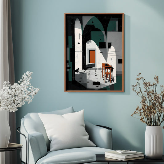 Surreal architectural painting against a soft blue wall creates striking contrast, elevating the serene and light-filled corner.