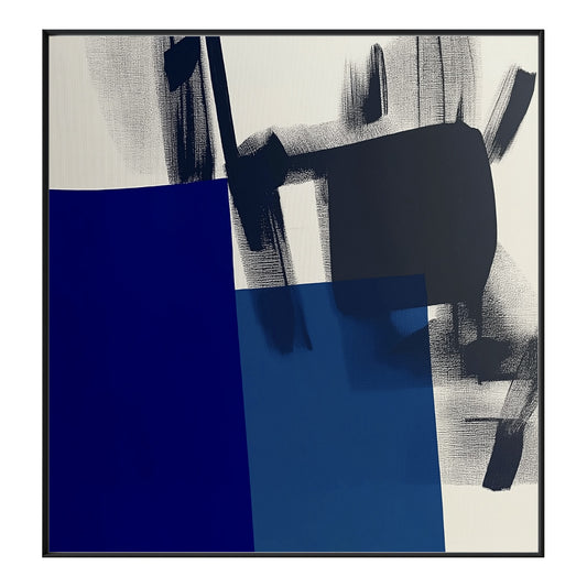Original abstract expressionist painting featuring bold black and deep blue geometric blocks with dynamic white brushwork. Cold tone.