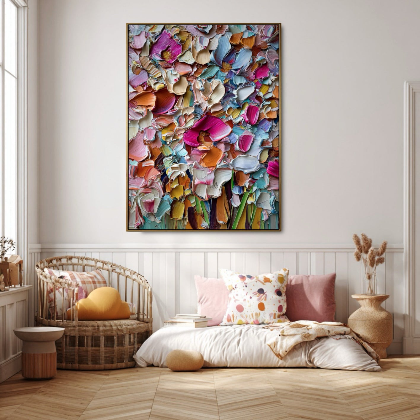 Colorful abstract art adds playful energy and warm tones, harmonizing with the rattan chair and cozy, pink-accented bedroom nook.