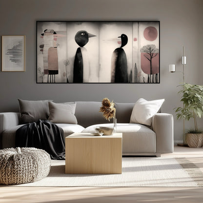 Large original abstract art creates focus over a neutral gray sofa, complementing the minimalist, light-filled living space.