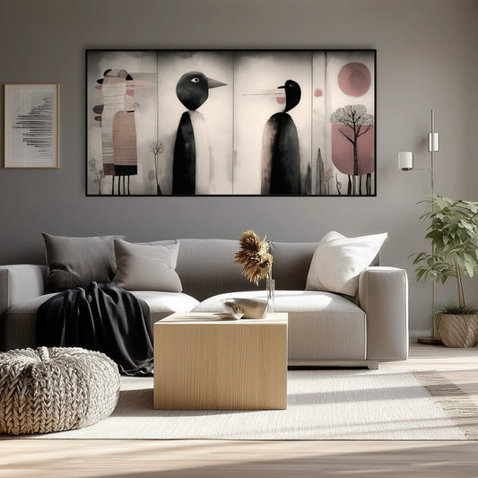 Large original abstract art creates focus over a neutral gray sofa, complementing the minimalist, light-filled living space.