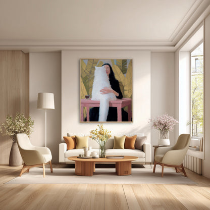 Original oil painting in a bright, formal living room. Cream chairs, wood floor, natural light, and a symmetric, elegant furniture layout.