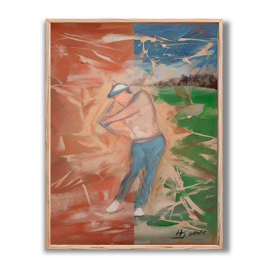 Original abstract golf painting split in warm rust and cool green tones. Dynamic impressionist golfer creates an energetic vibe.