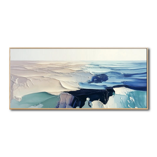 Original horizontal abstract painting of an ocean, featuring heavy white and blue textures in a light natural wood frame.