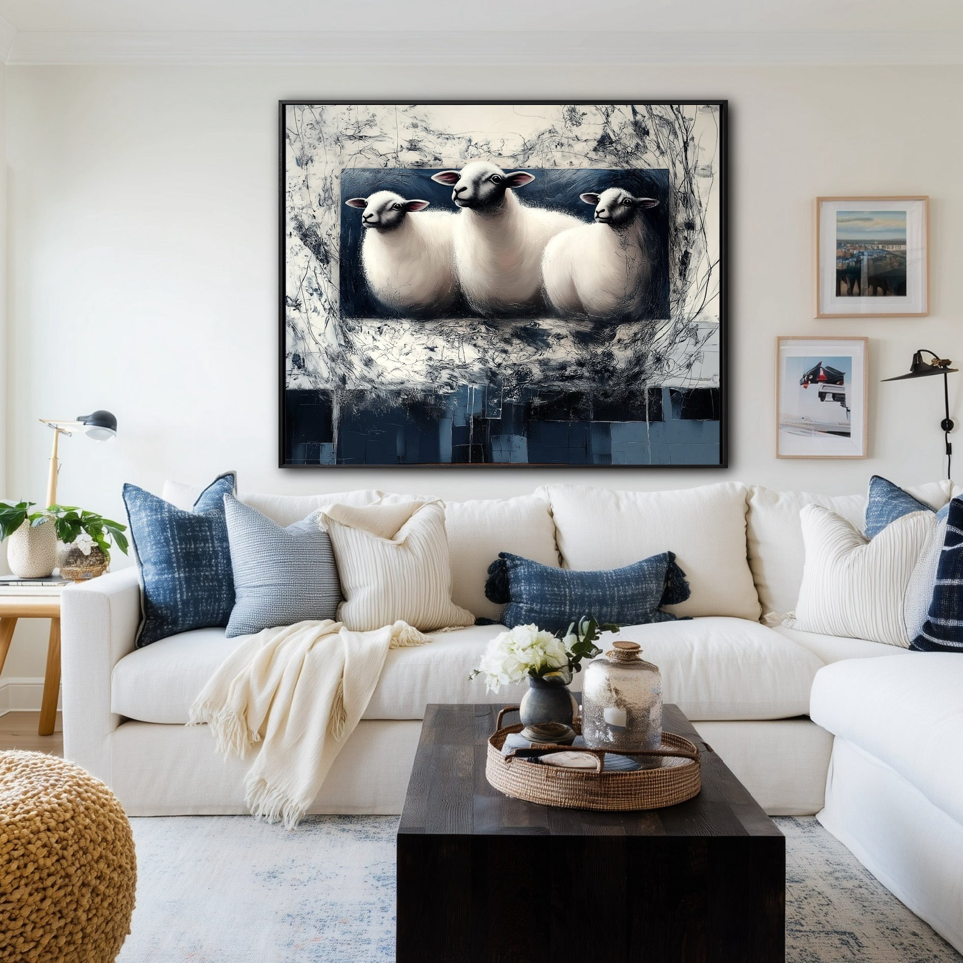 Abstract sheep art hung above a white sectional sofa, its blue tones matching the room's decorative pillows and cozy blanket.