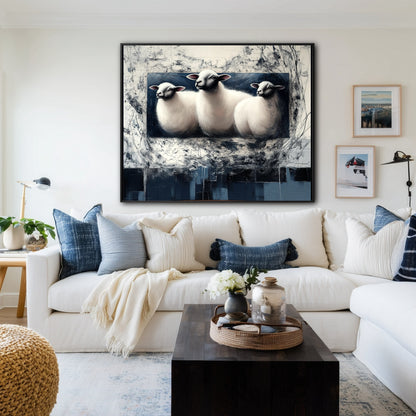 Abstract sheep art hung above a white sectional sofa, its blue tones matching the room's decorative pillows and cozy blanket.