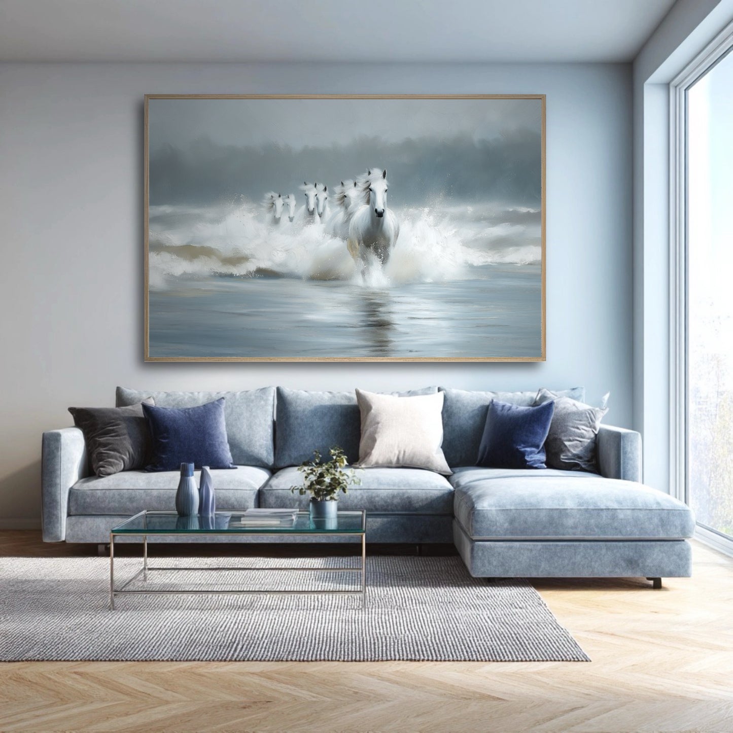 A large horse painting hangs in a modern living room, its cool tones matching the light blue sectional sofa and gray walls.