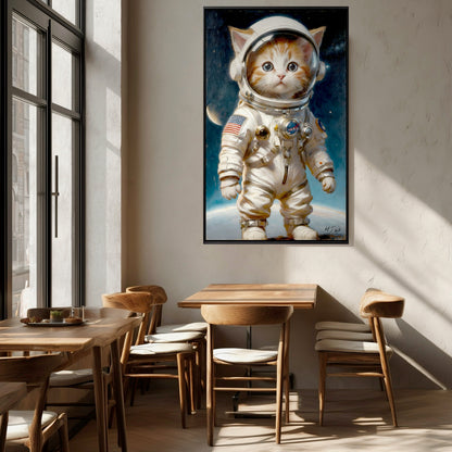 A framed painting of an astronaut kitten hangs on a textured wall in a bright café, located above an empty wooden dining table.