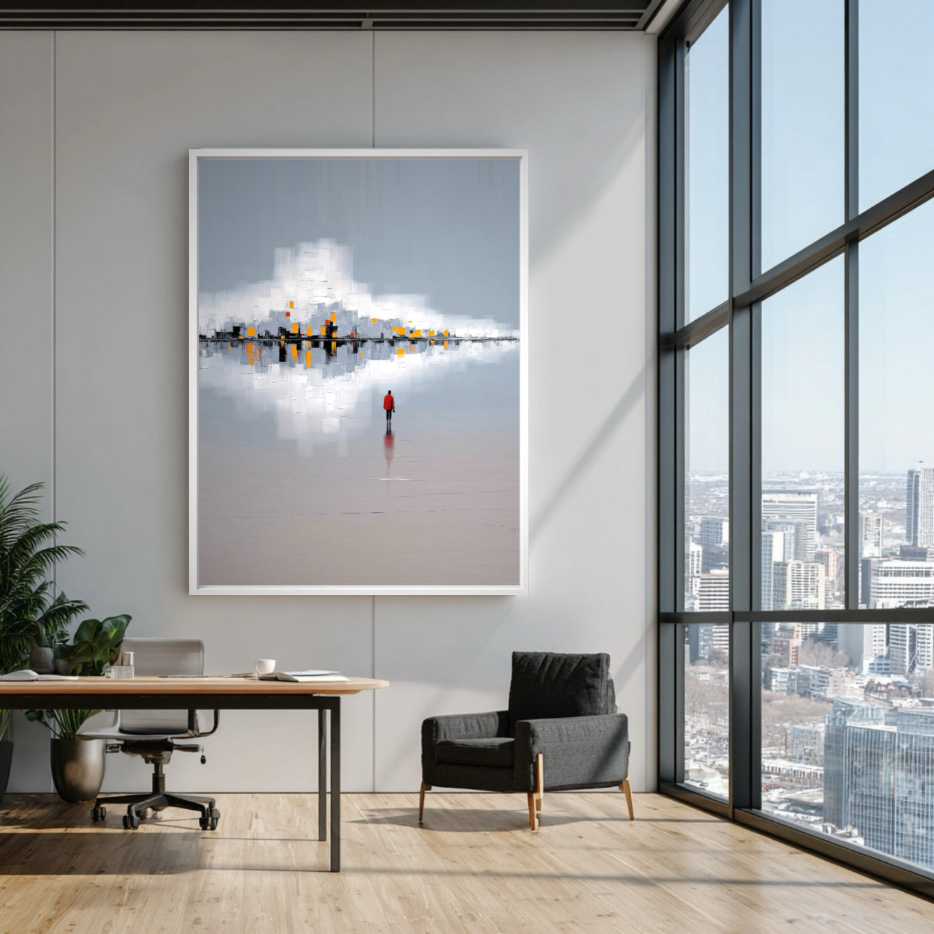 Modern office space with a large abstract painting on the wall, featuring a cityscape and a person.