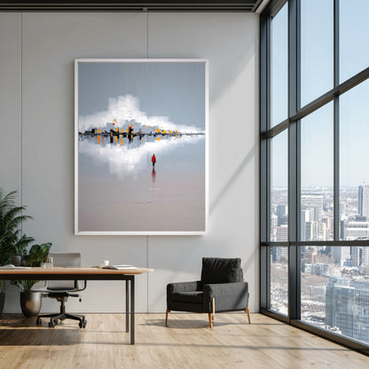 Modern office space with a large abstract painting on the wall, featuring a cityscape and a person.