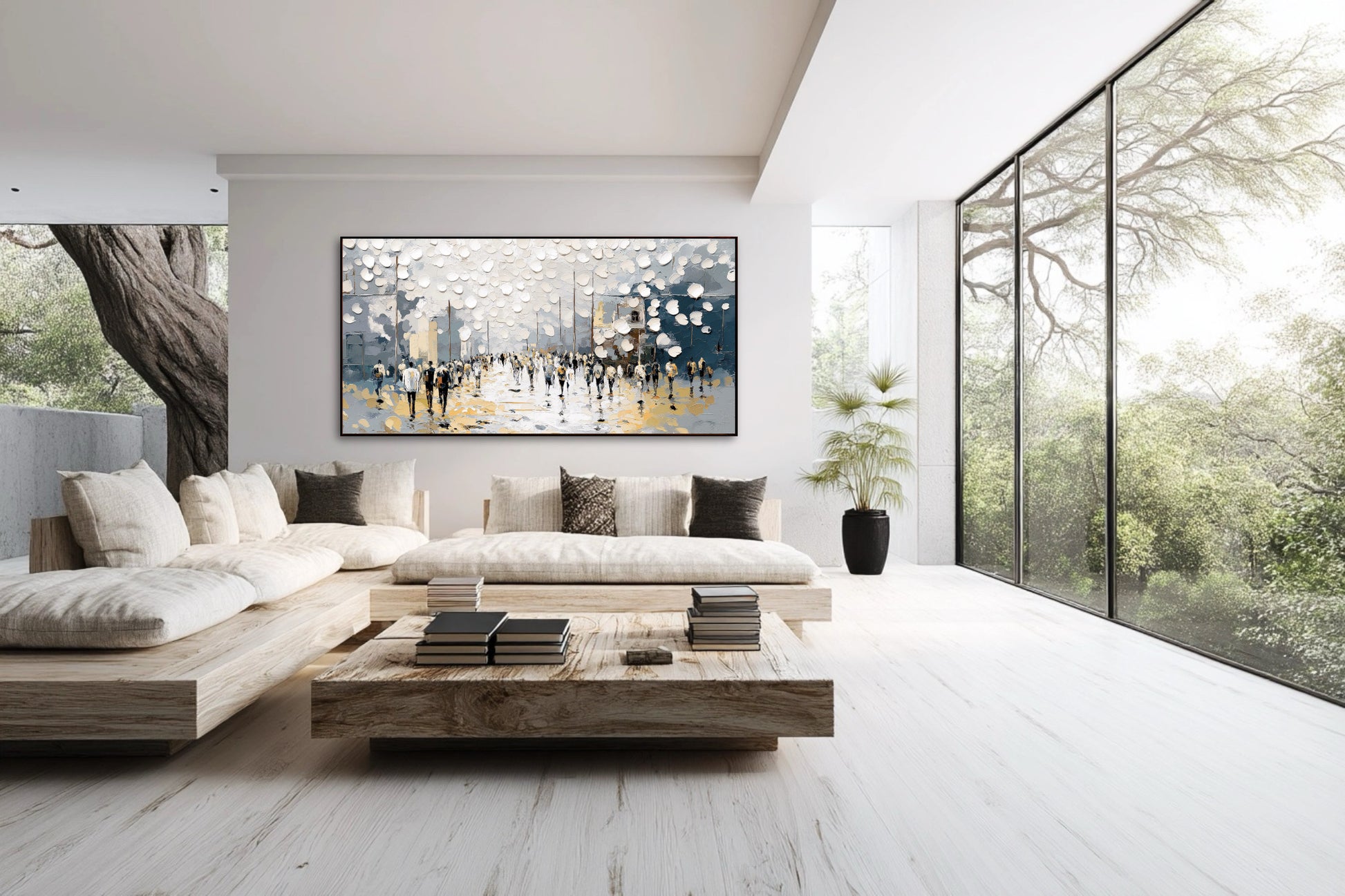 Original horizontal impasto crowd painting complements a Zen living space with low wood seating, white flooring, and massive window views of nature.