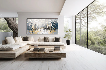 Original horizontal impasto crowd painting complements a Zen living space with low wood seating, white flooring, and massive window views of nature.