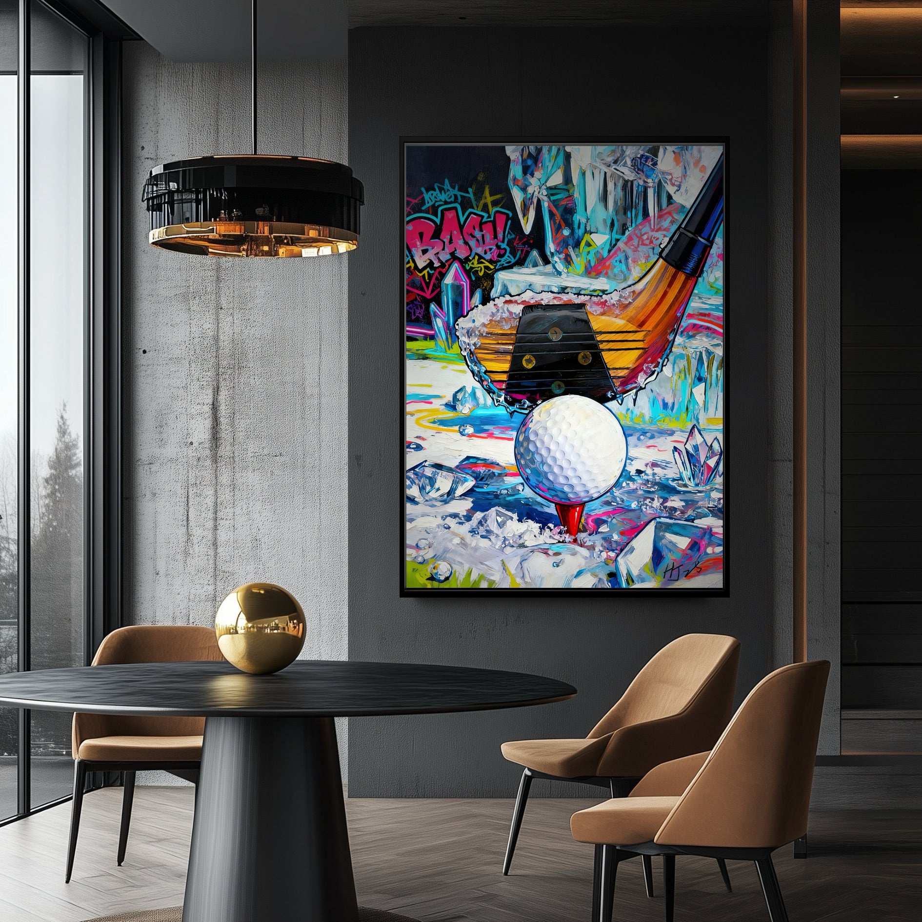 Original graffiti golf art in industrial dining room. Neon colors pop against dark concrete walls for an edgy, modern vibe.