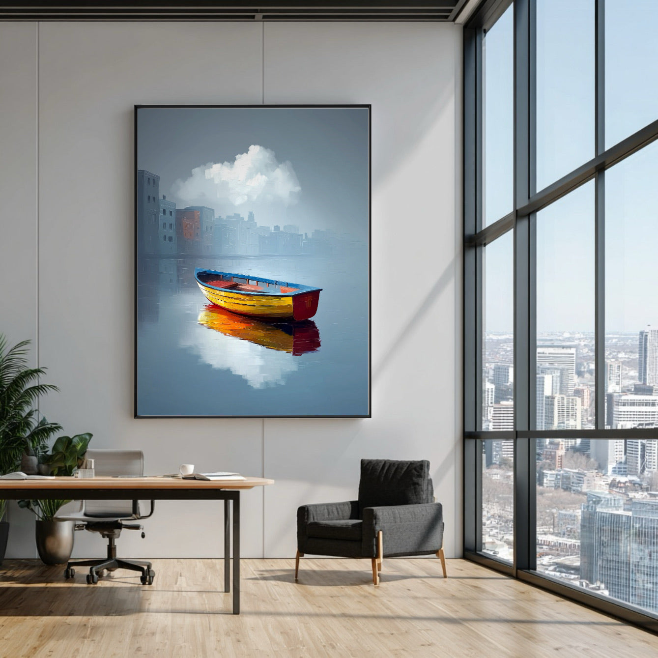 Vertical boat painting hangs in a modern high-rise office above a desk and black chair, overlooking a city skyline.