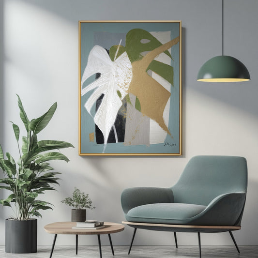 Original abstract Monstera art in a modern reading nook. The teal and green painting matches the sleek armchair and lamp.