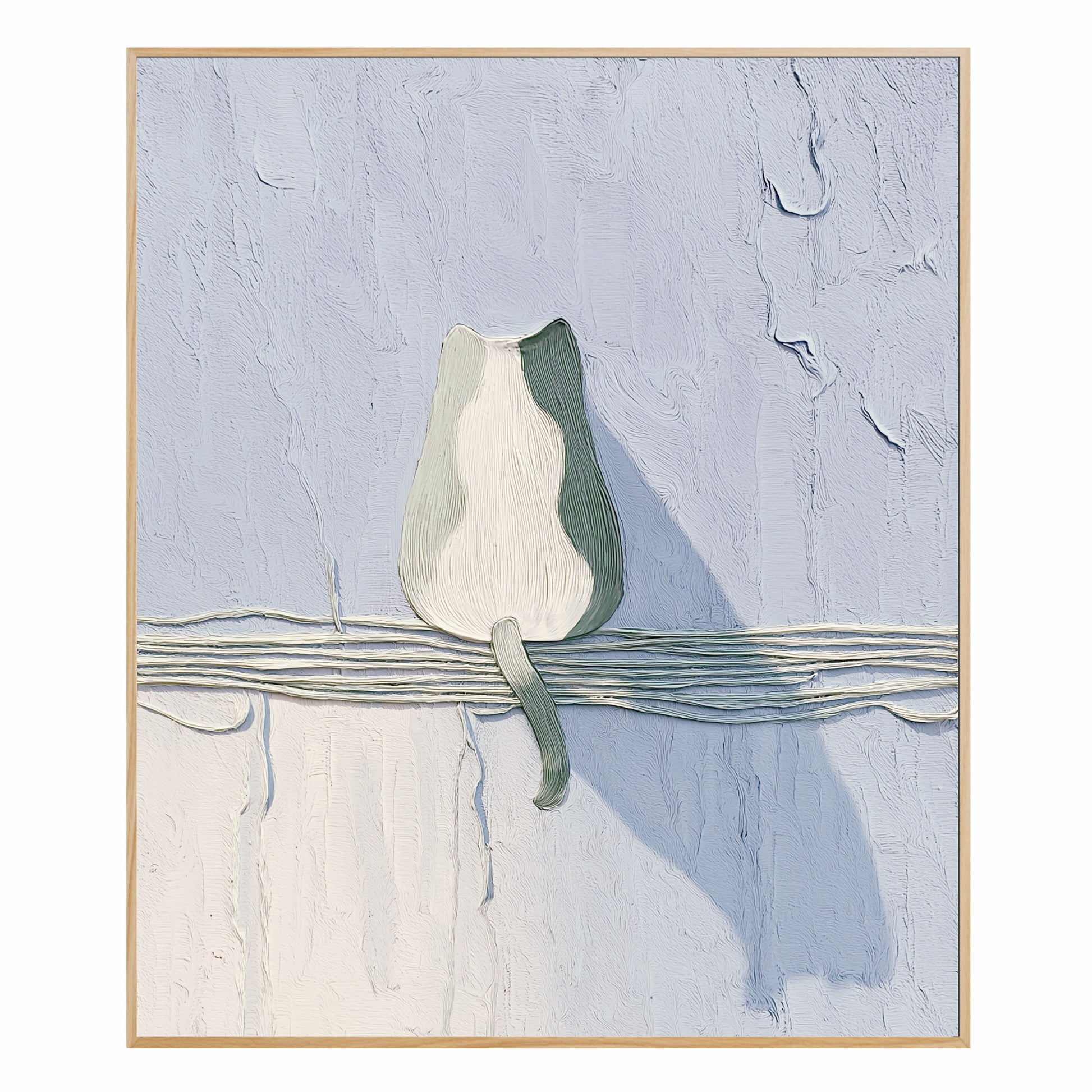 Original modern textured cat back view painting. Abstract pet fine art, vertical. Cool-toned blue/white, high texture.