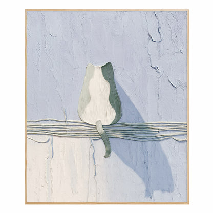 Original modern textured cat back view painting. Abstract pet fine art, vertical. Cool-toned blue/white, high texture.