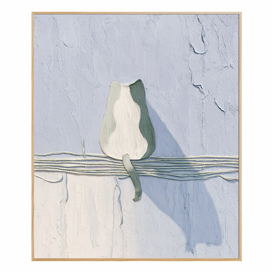 Original modern textured cat back view painting. Abstract pet fine art, vertical. Cool-toned blue/white, high texture.