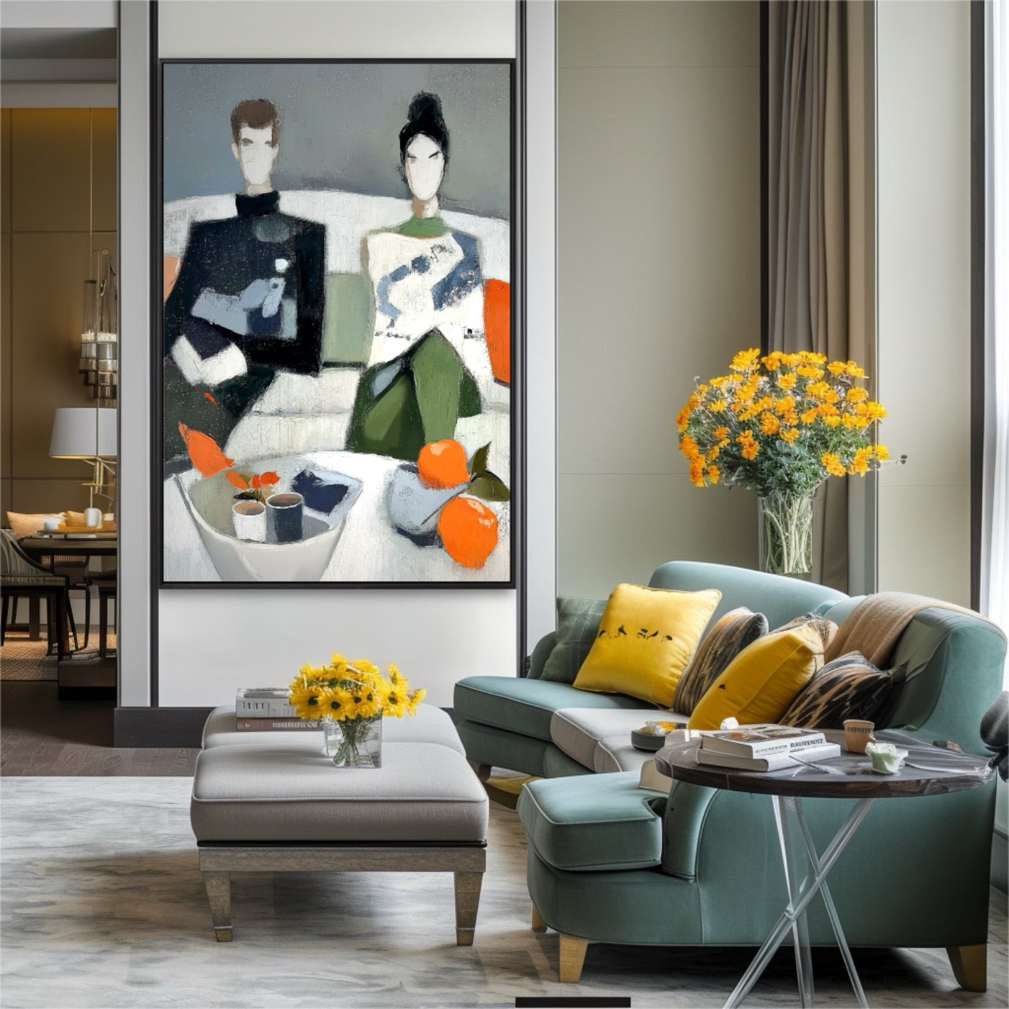 Figurative couple art anchors a luxe living room. The green and orange tones echo the teal sofa, yellow cushions, and fresh flowers, creating a cozy, curated space.