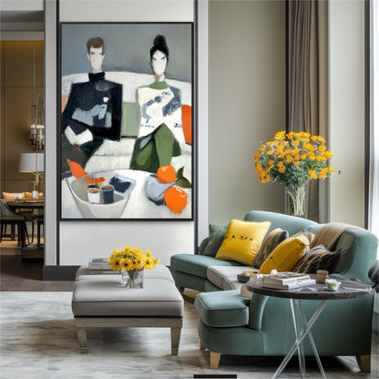 Figurative couple art anchors a luxe living room. The green and orange tones echo the teal sofa, yellow cushions, and fresh flowers, creating a cozy, curated space.