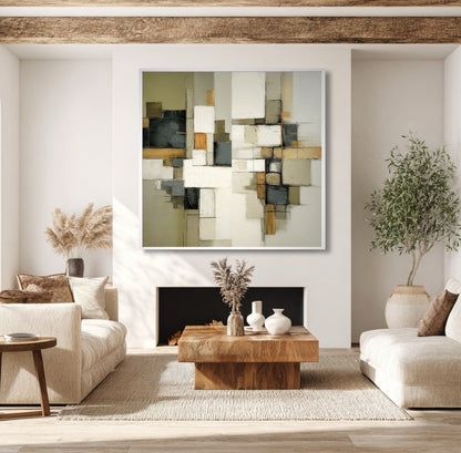 Modern living room with abstract art, fireplace, and decorative elements.
