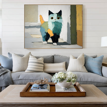 Abstract cat fine art adds color contrast over a gray sofa in a light, comfortable coastal-style living room.
