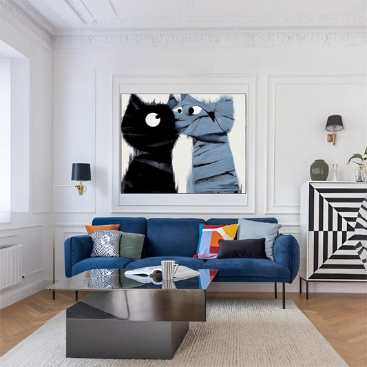 Abstract cat art centered above a deep blue velvet sofa, creating a vibrant, contemporary living room feel with chic black and white cabinet.