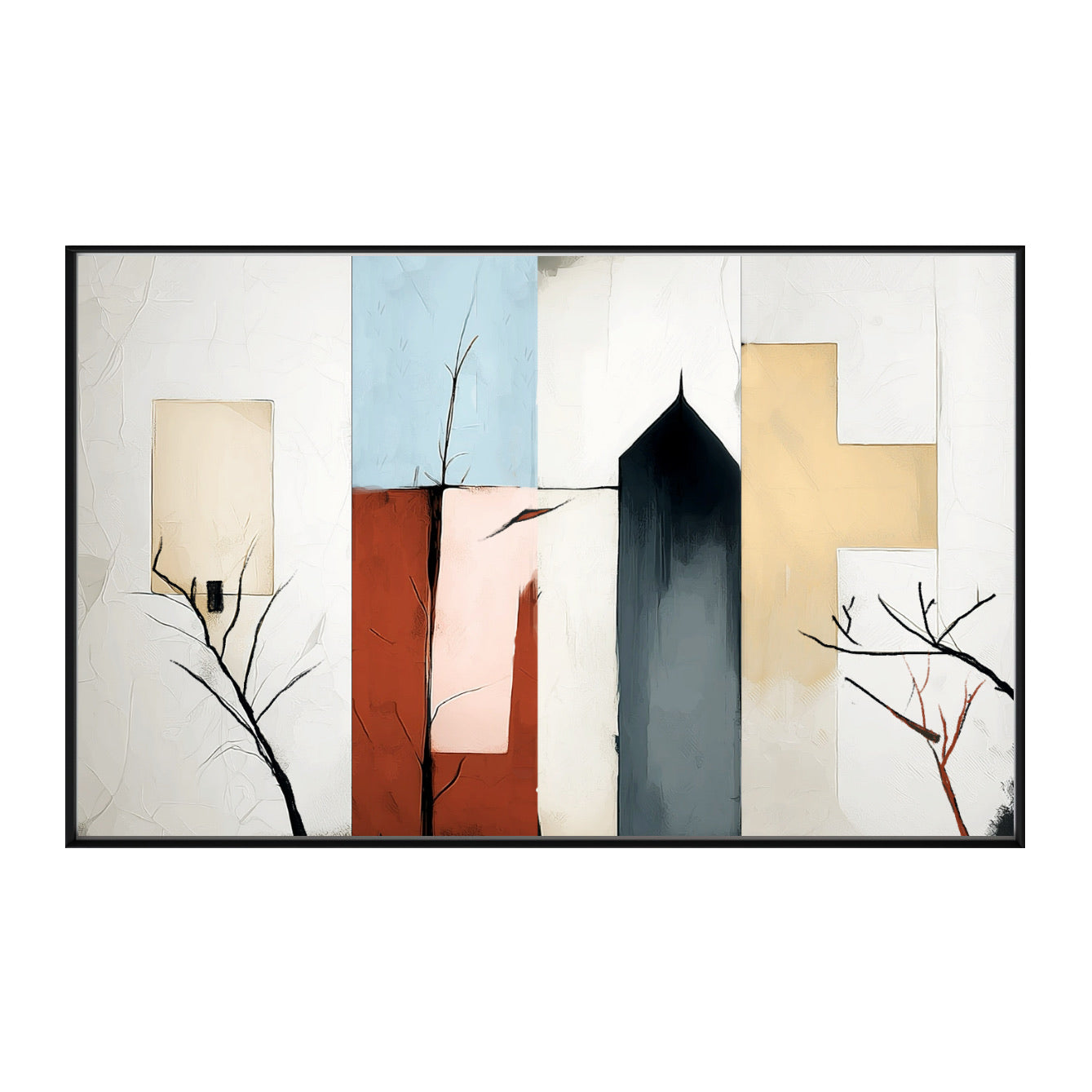 Original abstract cityscape painting. Geometric red, blue, black, and beige blocks with thin tree lines. Modern architectural art. Neutral tone.